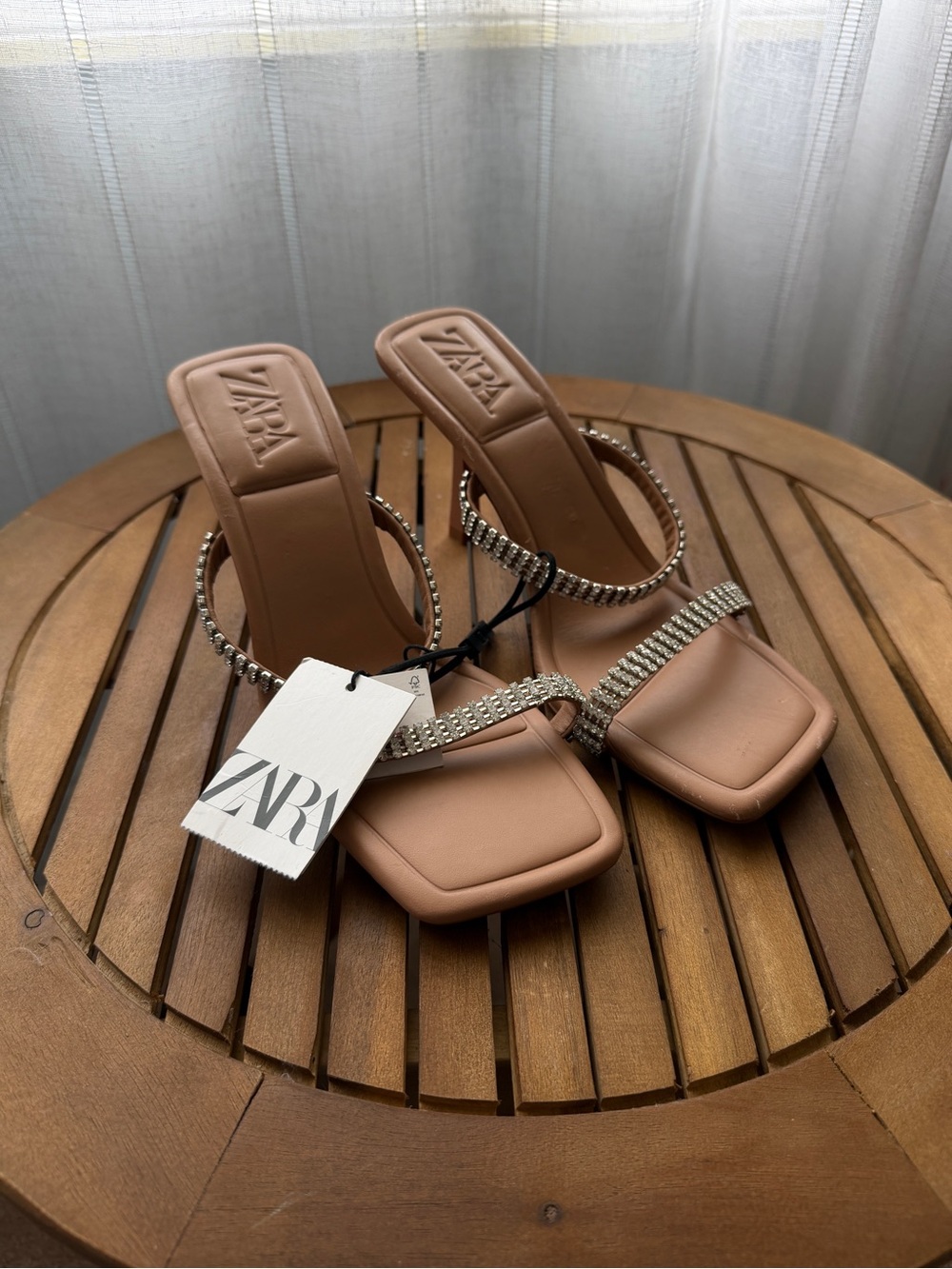 ZARA Tan Rhinestone-Strap Square Toe Heels Women's Size 8